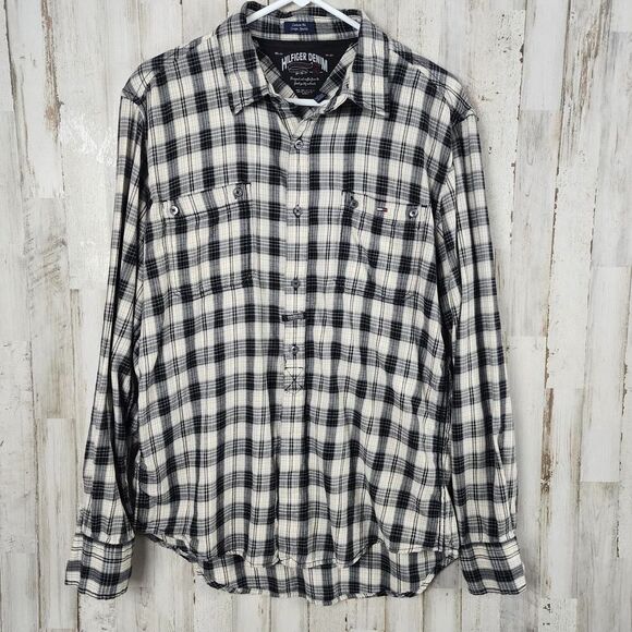 Hilfiger Denim Plaid Button Down Shirt Black White Size Large - Picture 1 of 11
